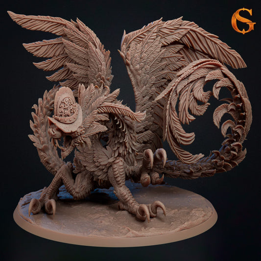 Triucoatl the Feathered Serpent Gargantuan dragon resin miniature with feathered wings and ornate helm