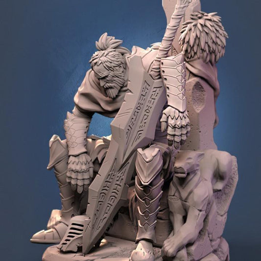 Tsho The Broken King Human Fighter seated beside a massive two-handed sword in heavy armor and fur-lined garments.