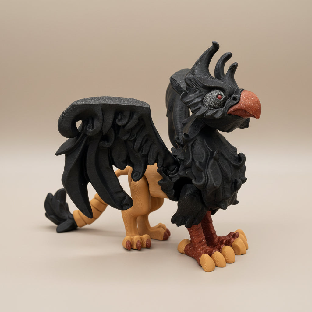 3D printed Twisty Griffin toy in black and gold with red eyes, detailed feathered wings and talons, displayed on a neutral background