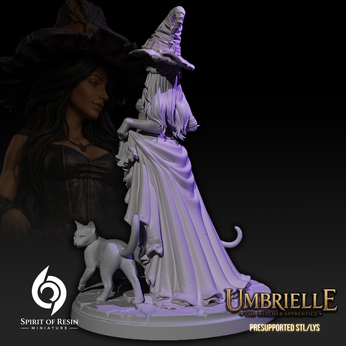 Back view of Umbrielle the Witch Apprentice SFW resin miniature showing flowing cloak, witch hat, and scenic base
