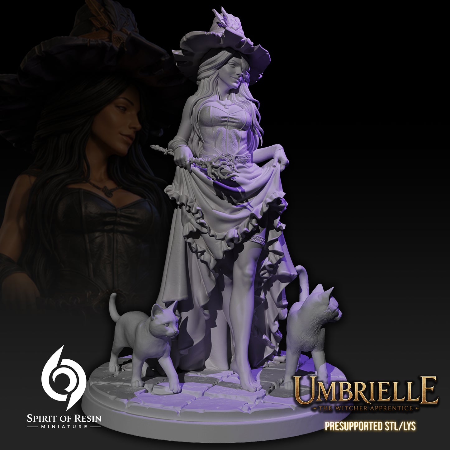 Alternate front view of Umbrielle the Witch Apprentice SFW resin miniature with witch hat and feline companions