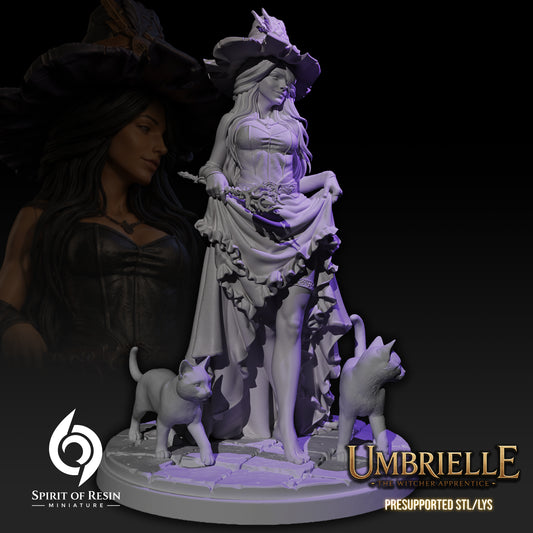 Alternate front view of Umbrielle the Witch Apprentice SFW resin miniature with witch hat and feline companions