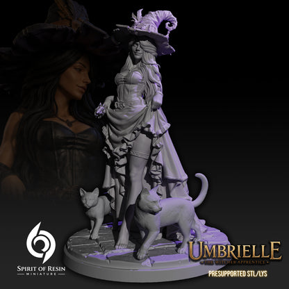 Umbrielle the Witch Apprentice SFW resin miniature with witch hat, scenic base, and feline companions front view