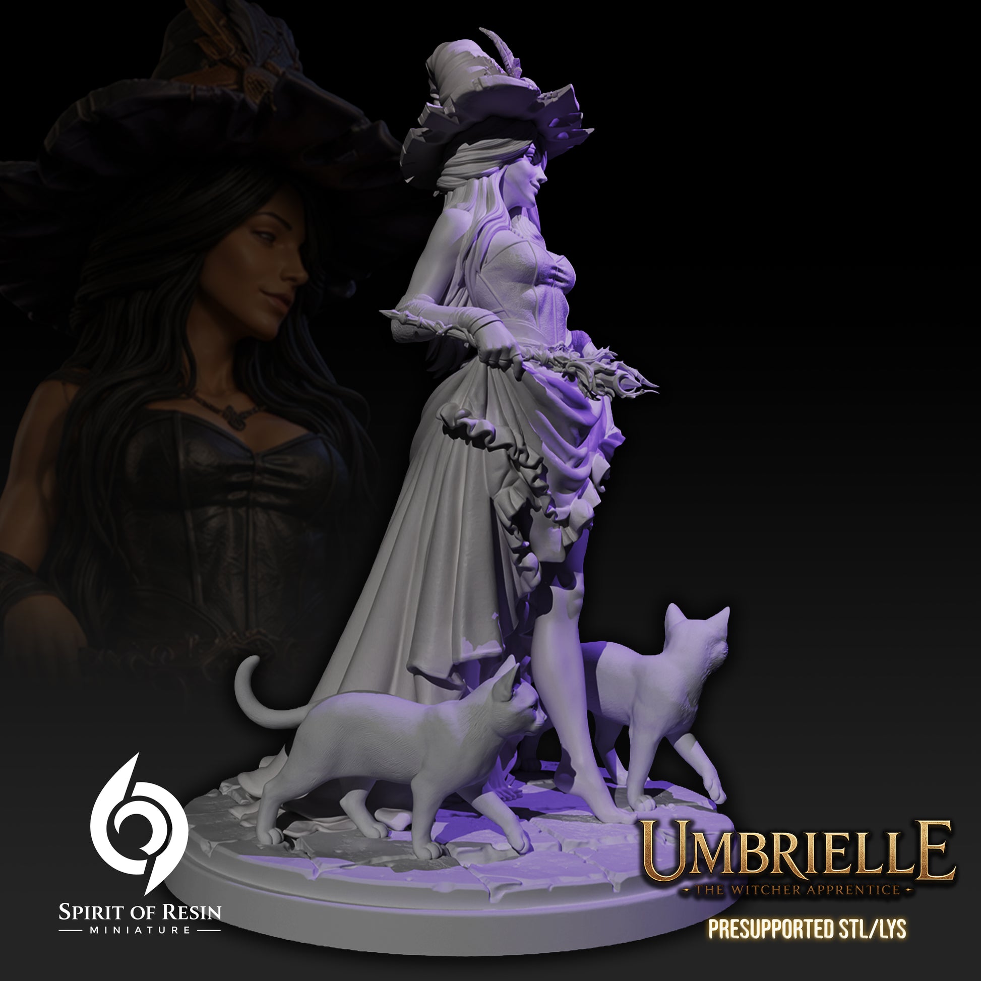 Side view of Umbrielle the Witch Apprentice SFW resin miniature with witch hat, cats, and scenic base