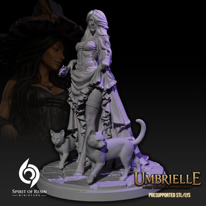 Umbrielle the Witch Apprentice SFW resin miniature without hat, with cats and scenic base front view