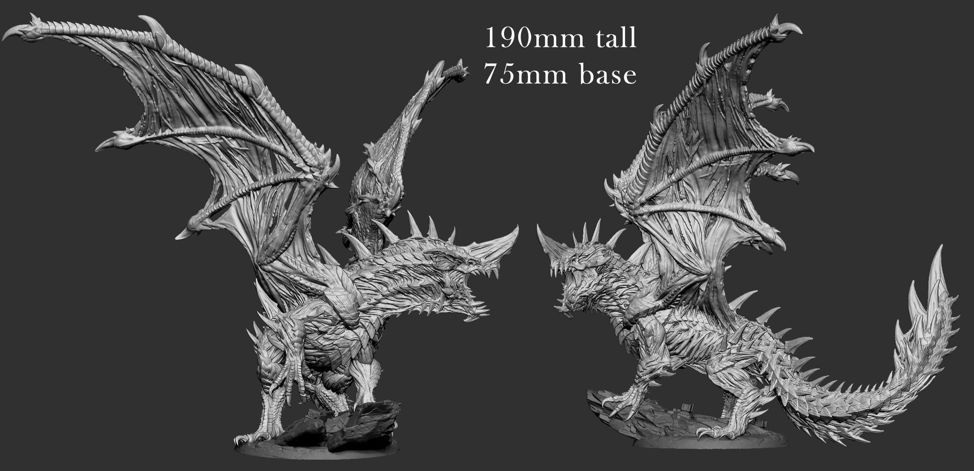 Dimensions illustration of the Undead Blue Dragon resin boss monster miniature – skeletal wings, spiked tail, 190mm tall on 75mm base for D&D and Pathfinder