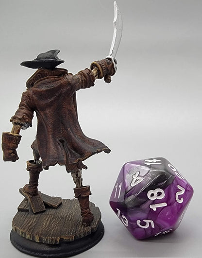 Back view of painted Undying Scallywags pirate skeleton miniature with tattered coat and dock base