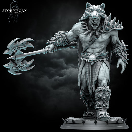Front view render of Ushnar The Ruthless holding a double-bladed battleaxe and wearing a wolf pelt pelt cowl by Stormborn Collectibles.