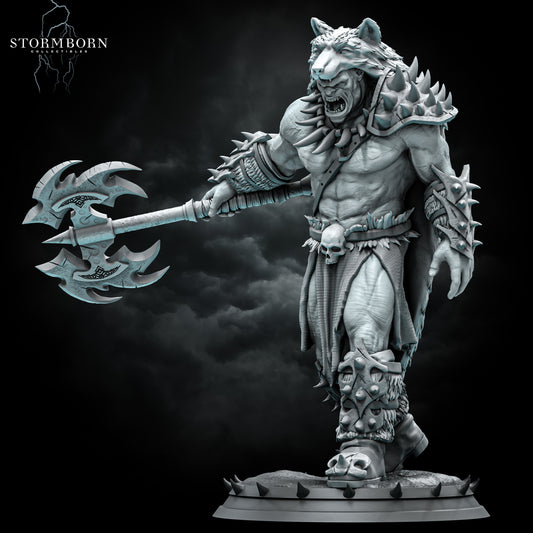 Angled front-left view of Ushnar showing the large double battleaxe and spiked arm guards by Stormborn Collectibles.