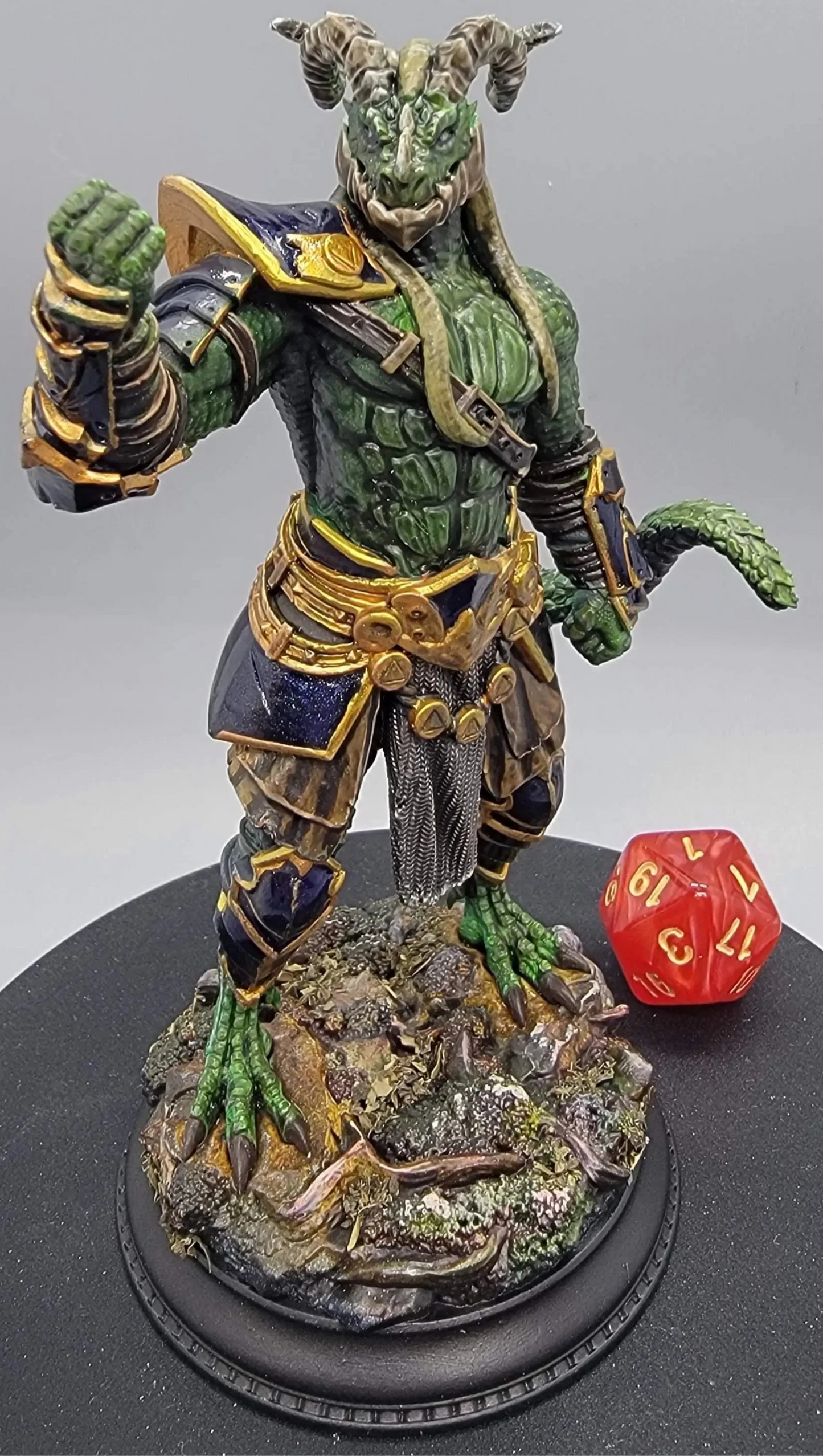 Painted 75mm Vaakrin Steeljaw Black Dragonborn Fighter resin miniature printed and painted by D&K Custom Prints
