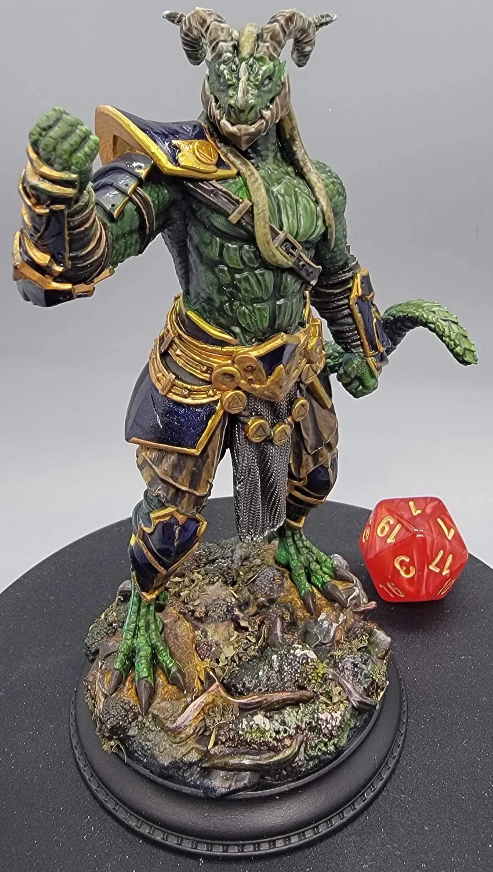 Painted 75mm Vaakrin Steeljaw Black Dragonborn Fighter resin miniature printed and painted by D&K Custom Prints
