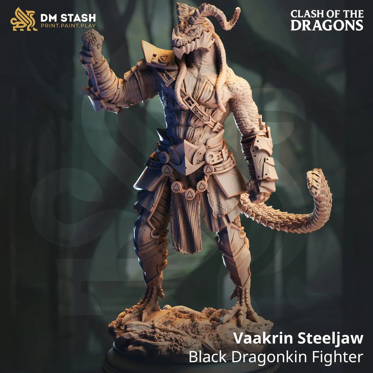 Vaakrin Steeljaw Black Dragonborn Fighter reference image for 32mm and 75mm resin miniature options