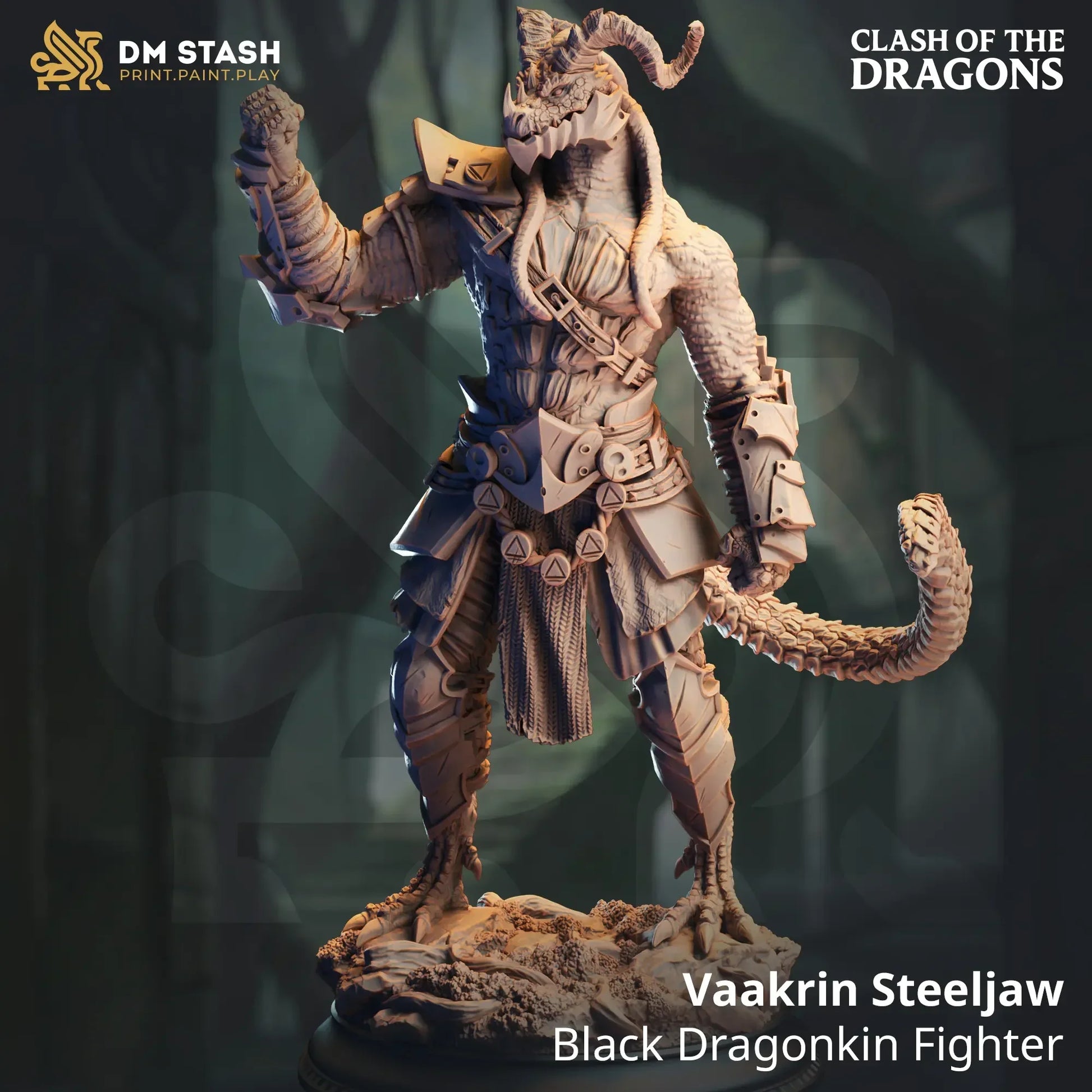 Vaakrin Steeljaw Black Dragonborn Fighter reference image for 32mm and 75mm resin miniature options