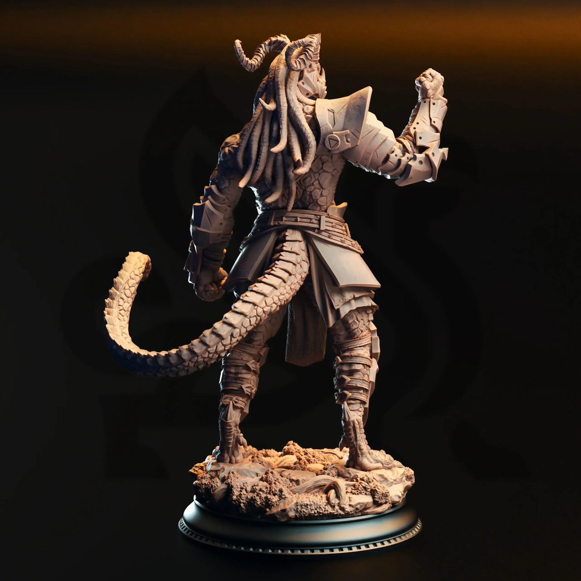 Render of Vaakrin Steeljaw Black Dragonborn Fighter miniature showing sculpt and armor details
