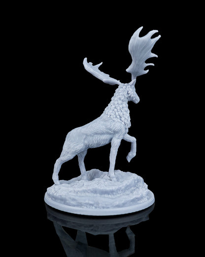 Right profile view of the giant elk miniature showing the raised front right hoof and detailed fur textures on the underbelly and legs.