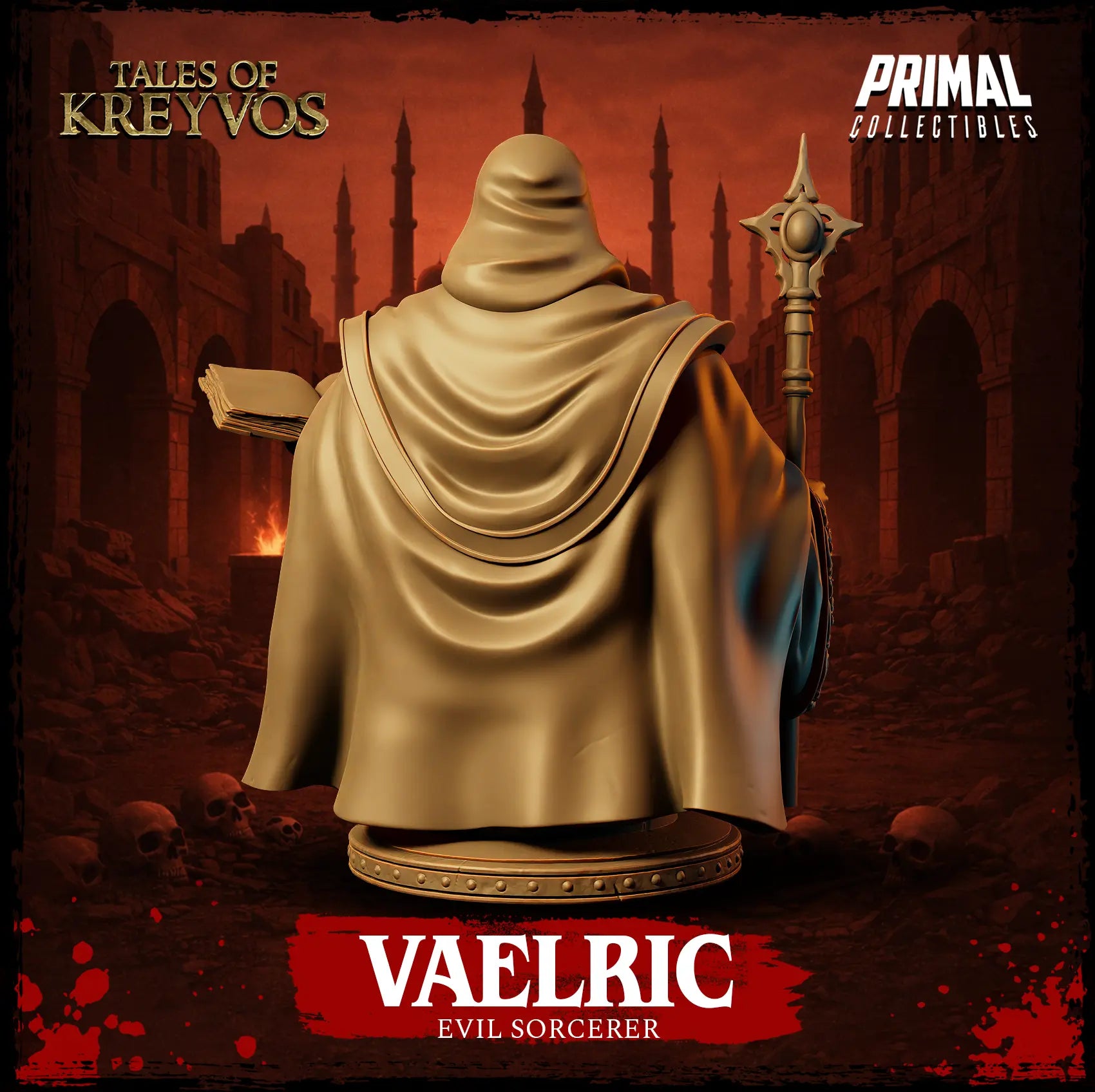 Rear view render of the Vaelric sorcerer display bust showing the draped hood texture.