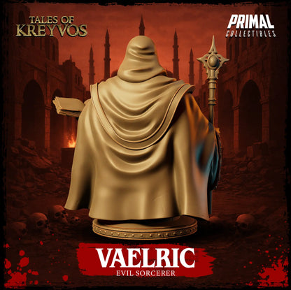 Rear view render of the Vaelric sorcerer display bust showing the draped hood texture.