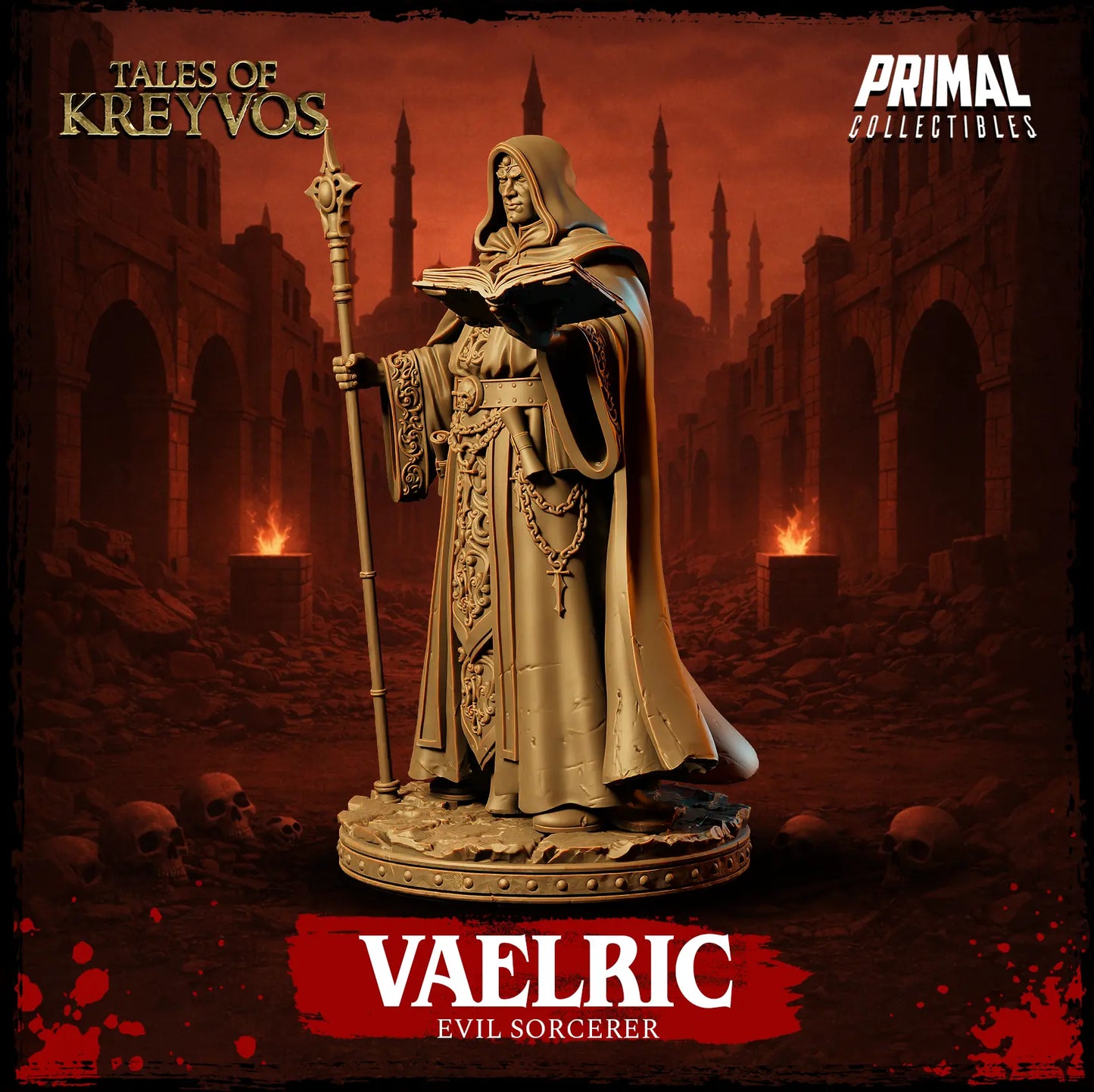 Front view render of Vaelric evil sorcerer collector display bust on a round pedestal stand.