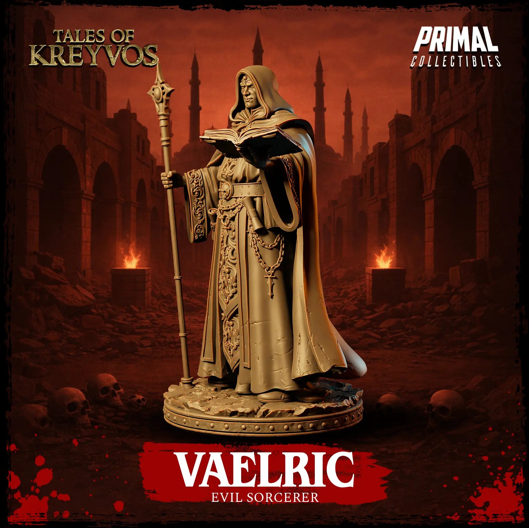 Front view render of Vaelric evil sorcerer collector display bust on a round pedestal stand.