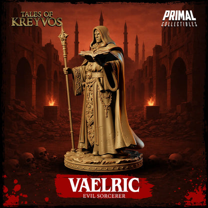 Front view render of Vaelric evil sorcerer collector display bust on a round pedestal stand.