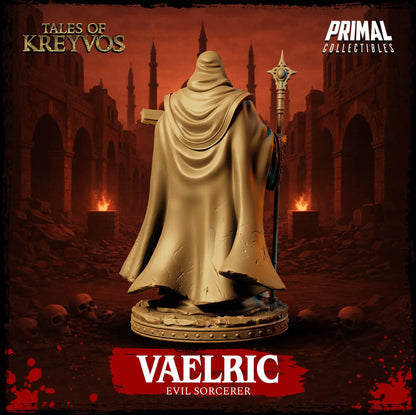 Rear view render of Vaelric miniature highlighting his hooded cloak, long cape, and stone base.