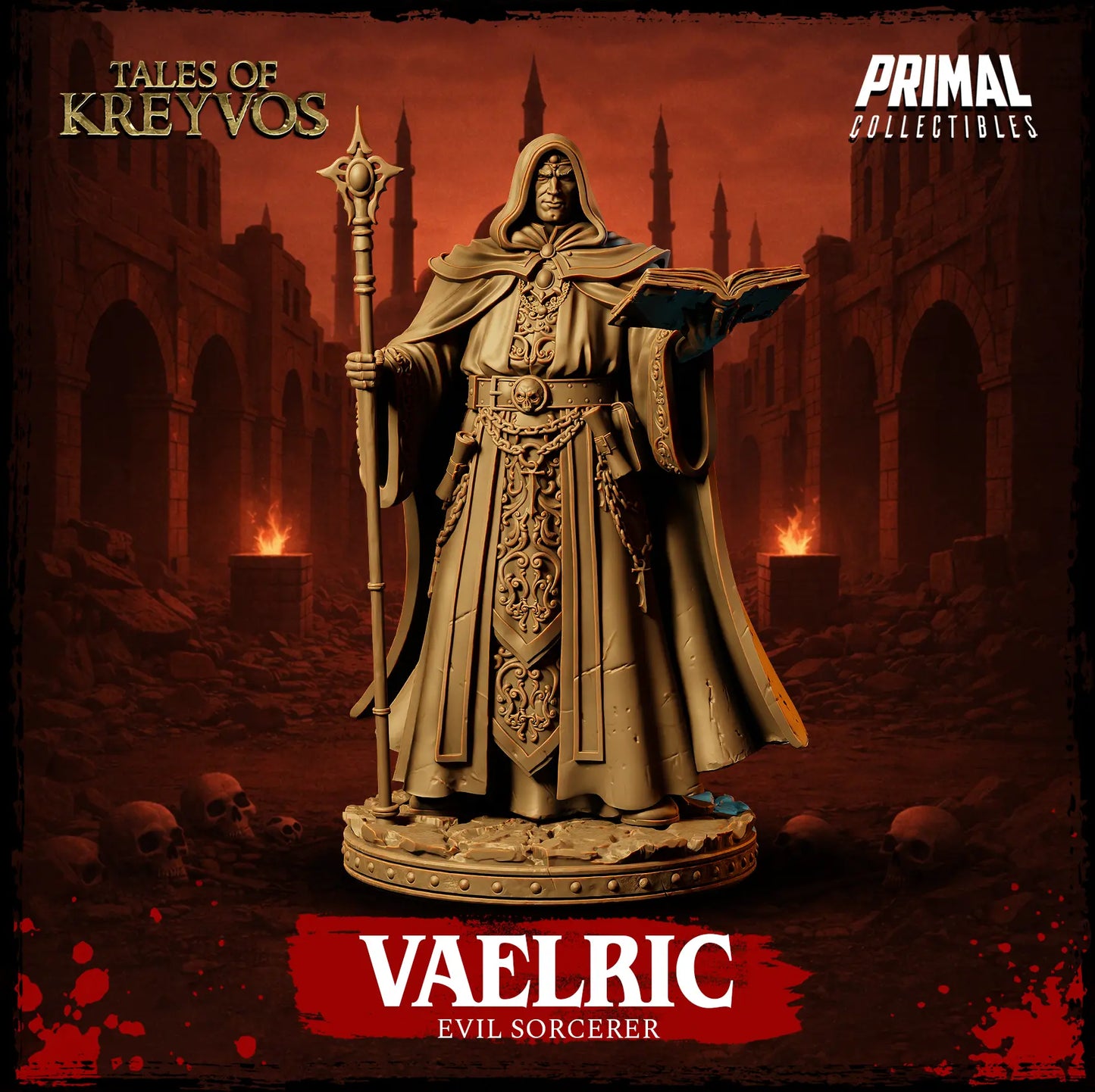 Full front view render of unpainted resin Vaelric evil human sorcerer miniature holding a staff and open spellbook.