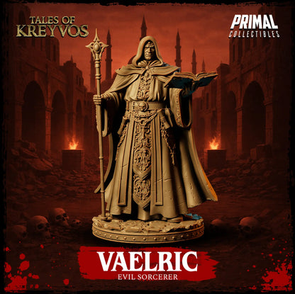 Full front view render of unpainted resin Vaelric evil human sorcerer miniature holding a staff and open spellbook.