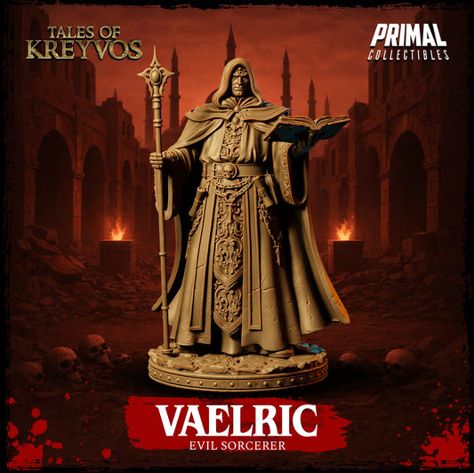 Full front view render of unpainted resin Vaelric evil human sorcerer miniature holding a staff and open spellbook.