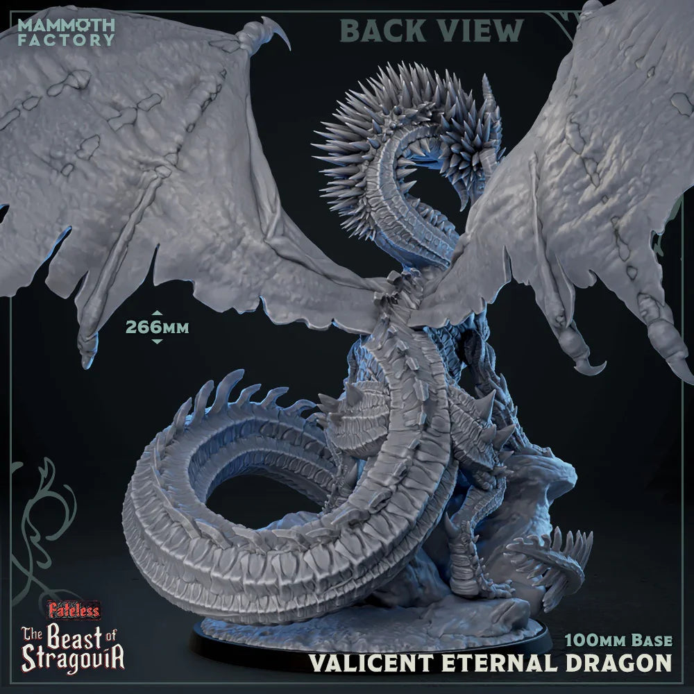Back view of Valicent Eternal Dragon resin miniature by Mammoth Factory, showcasing massive wings, detailed scales, spines, and coiled tail on a large fantasy dragon boss model