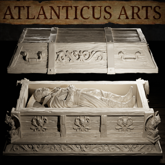 Close-up view of the Vampire Coffin resin scatter terrain set showing ornate carvings and lid details.