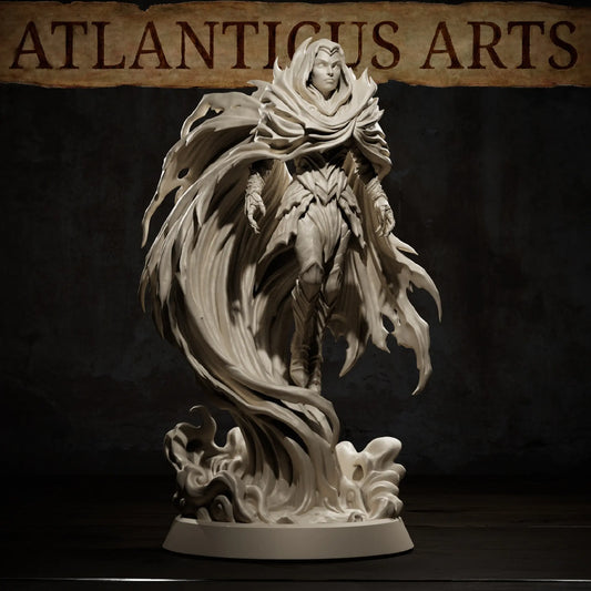 Close-up shot of the Vampire Umbral Lord resin miniature showing hooded cowl and dark magic cloak details.