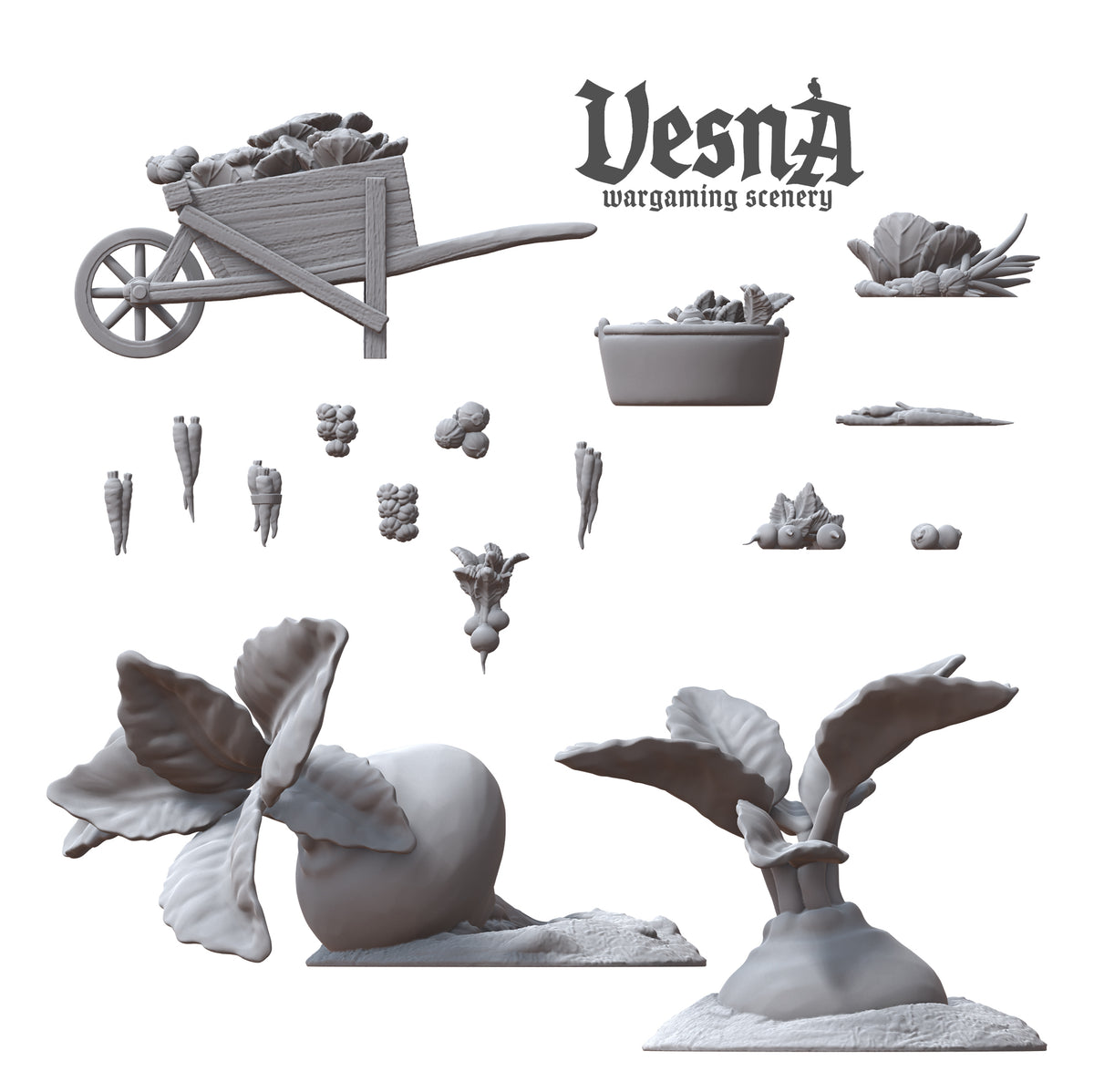 Complete breakdown view showing all 16 pieces included in the Vegetables scatter terrain kit by Vesna Sculpts.