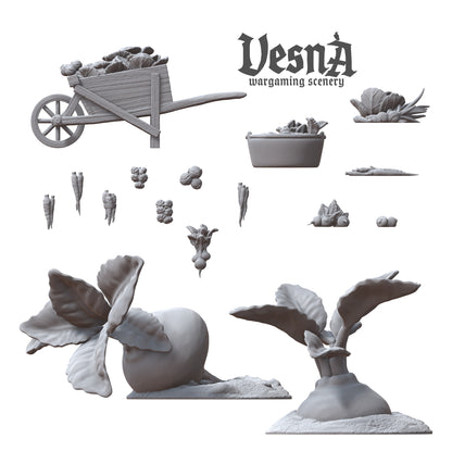 Complete breakdown view showing all 16 pieces included in the Vegetables scatter terrain kit by Vesna Sculpts.