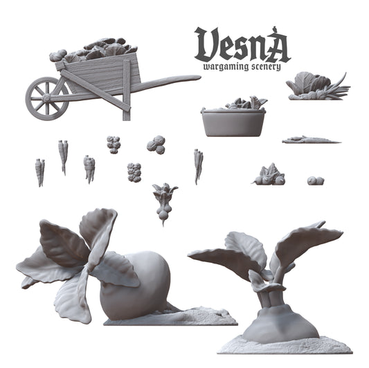 Complete breakdown view showing all 16 pieces included in the Vegetables scatter terrain kit by Vesna Sculpts.