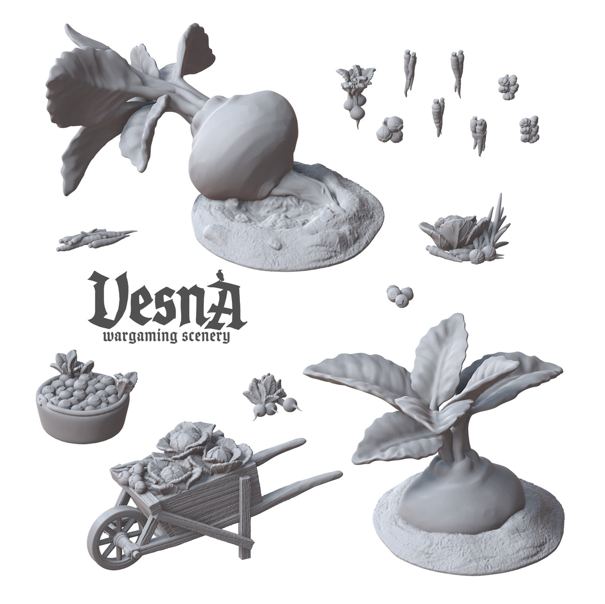 Overview render of the 16-piece Vegetables scatter terrain set featuring wheelbarrow, giant turnips, and loose produce by Vesna Sculpts.
