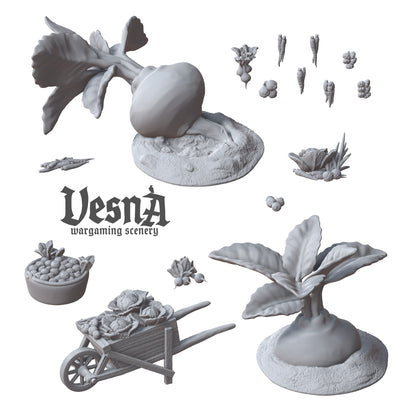 Overview render of the 16-piece Vegetables scatter terrain set featuring wheelbarrow, giant turnips, and loose produce by Vesna Sculpts.