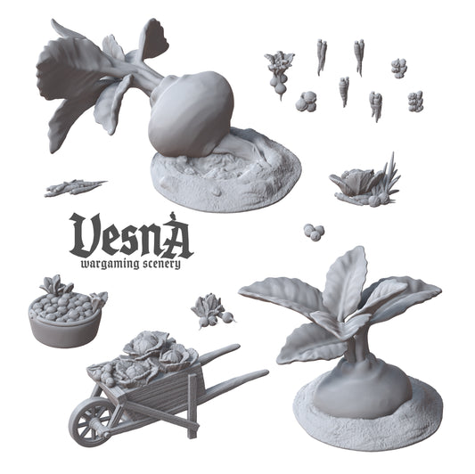 Overview render of the 16-piece Vegetables scatter terrain set featuring wheelbarrow, giant turnips, and loose produce by Vesna Sculpts.