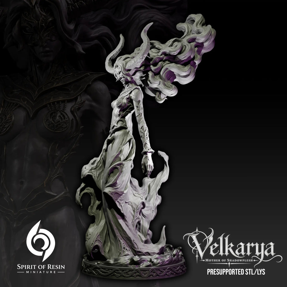 Side profile of Velkarya showing sweeping sculpted hair and draped ethereal skirt details.