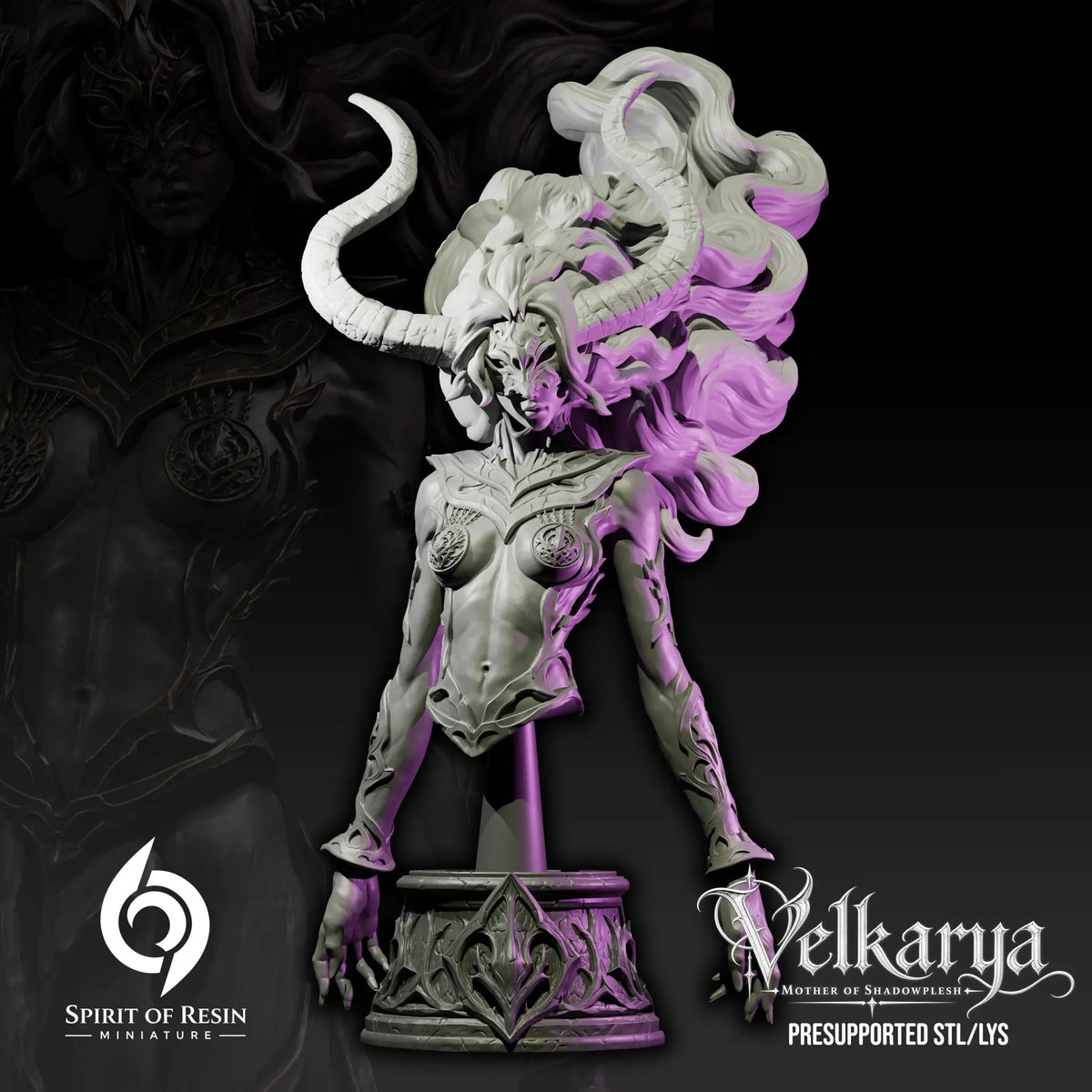 Resin display bust variant of Velkarya mounted on an ornate carved pedestal base.