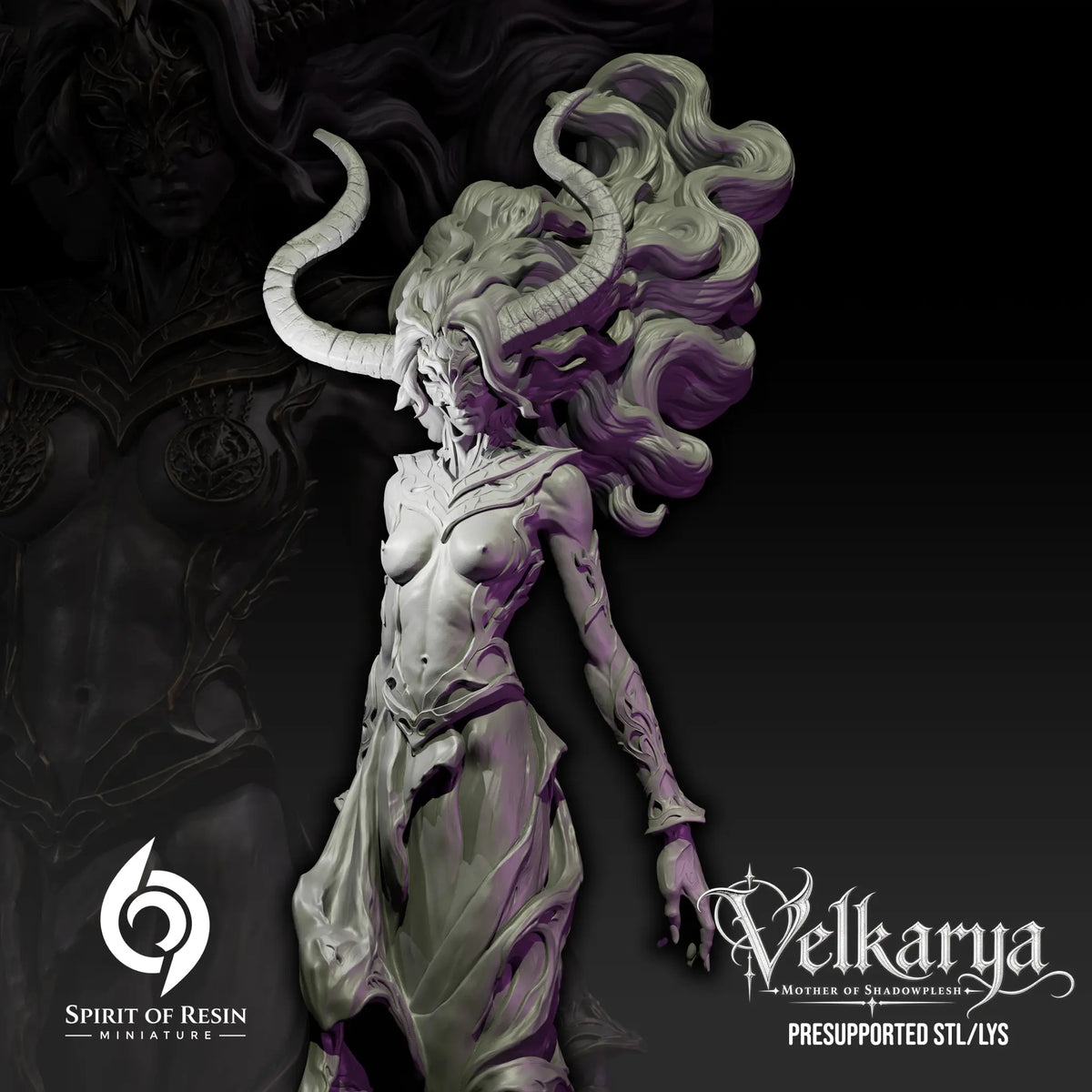 Close up view of Velkarya's upper torso highlighting facial mask, horn texture, and ornate breastplate.