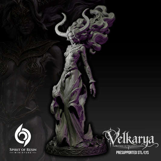 Front view of Velkarya Mother of Shadowflesh showing large curved horns, organic armor, and swirling base.