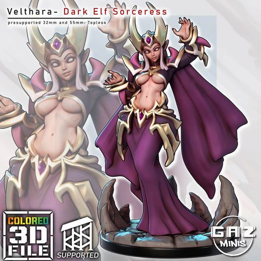 Velthara Nightweave Dark Elf Sorceress colored front render with horned headdress, flowing cape, and rocky scenic base