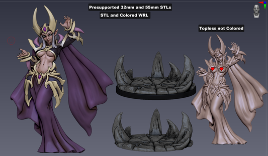 Velthara Nightweave Dark Elf Sorceress showing SFW and topless variants with scenic base options