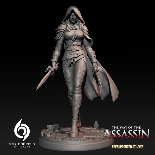 Veronica the Shadow Assassin female Human Rogue resin miniature armed with daggers.