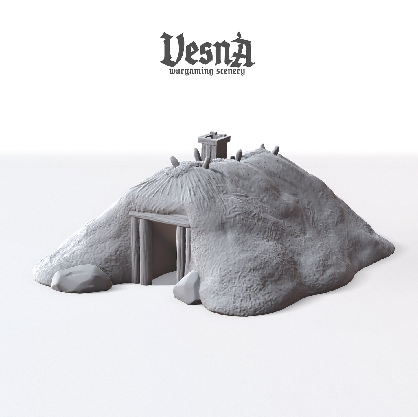 Orthographic front and top-down rendering of the unpainted gray resin Plaggenhut Frisian house terrain piece showing roof ridge detailing and wooden door frame.