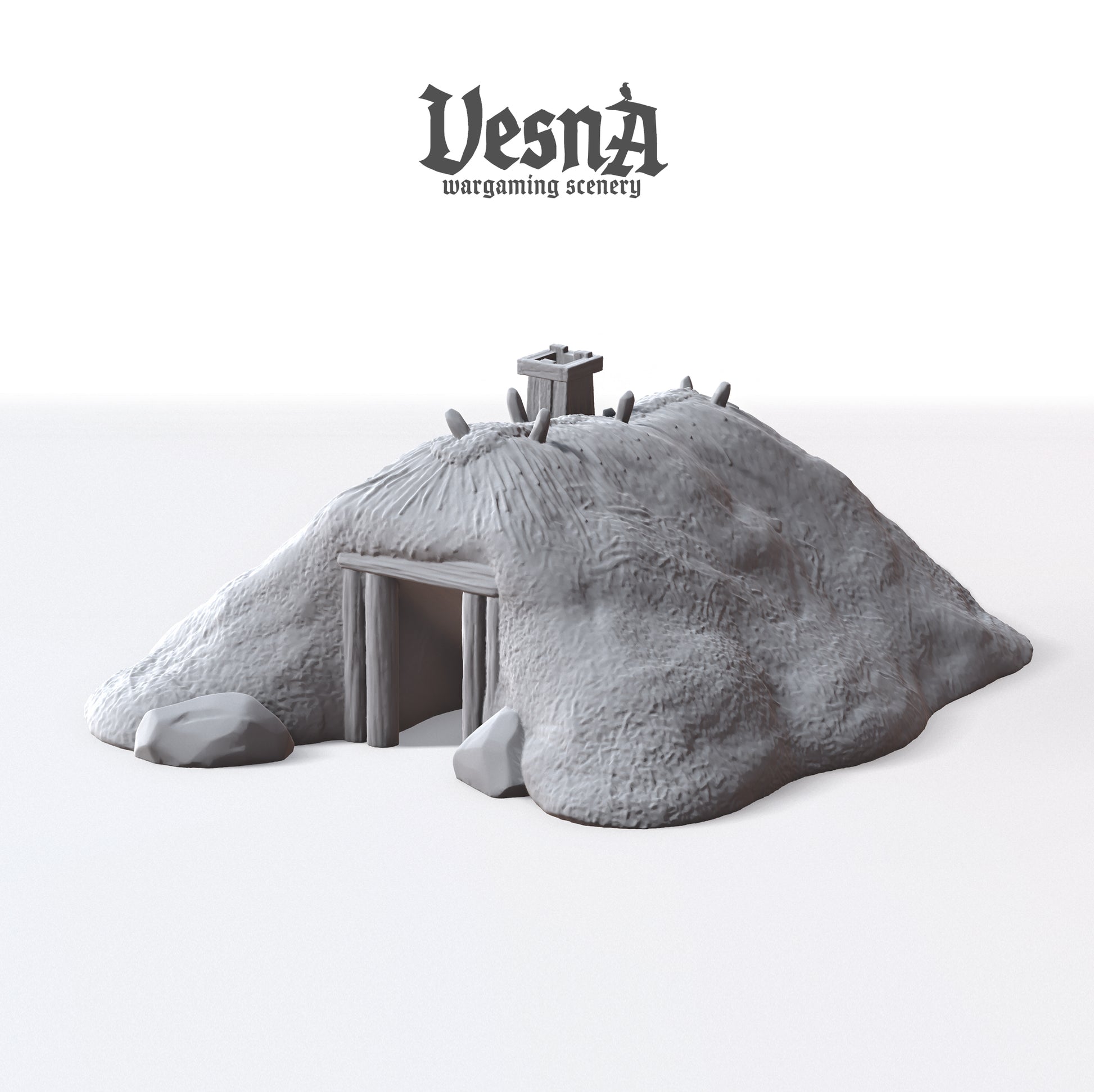 Orthographic front and top-down rendering of the unpainted gray resin Plaggenhut Frisian house terrain piece showing roof ridge detailing and wooden door frame.