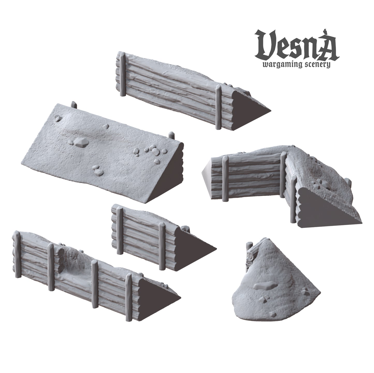 Isometric view of six individual resin breastworks terrain parts by VESNA Sculpts, featuring defensive log structures reinforced with dirt and rock embankments.