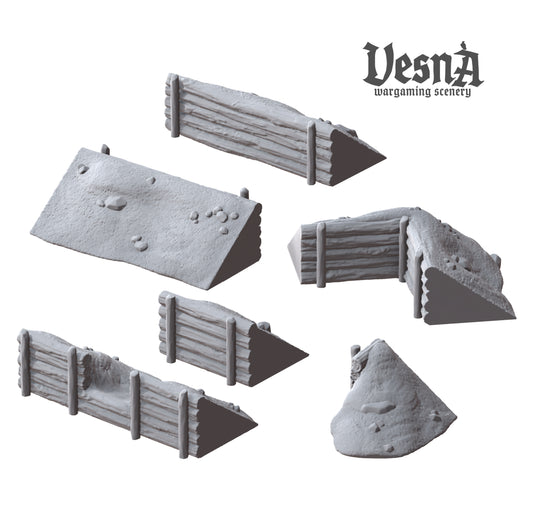 Isometric view of six individual resin breastworks terrain parts by VESNA Sculpts, featuring defensive log structures reinforced with dirt and rock embankments.