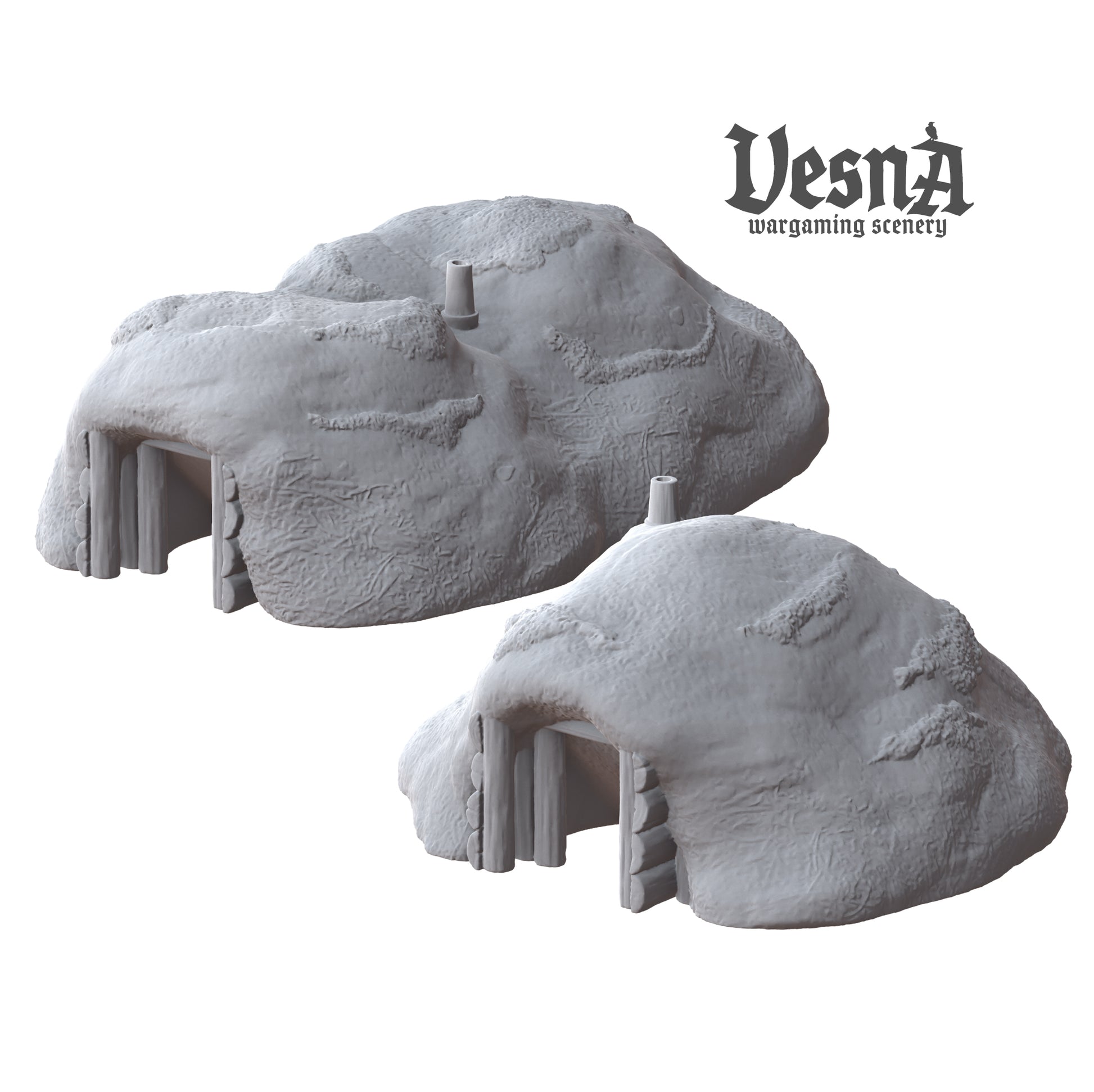 Isometric view of the two unpainted gray resin forest dugout shelter pieces by VESNA Sculpts, showing textured earth roofs, log-framed doorways, and roof chimneys.