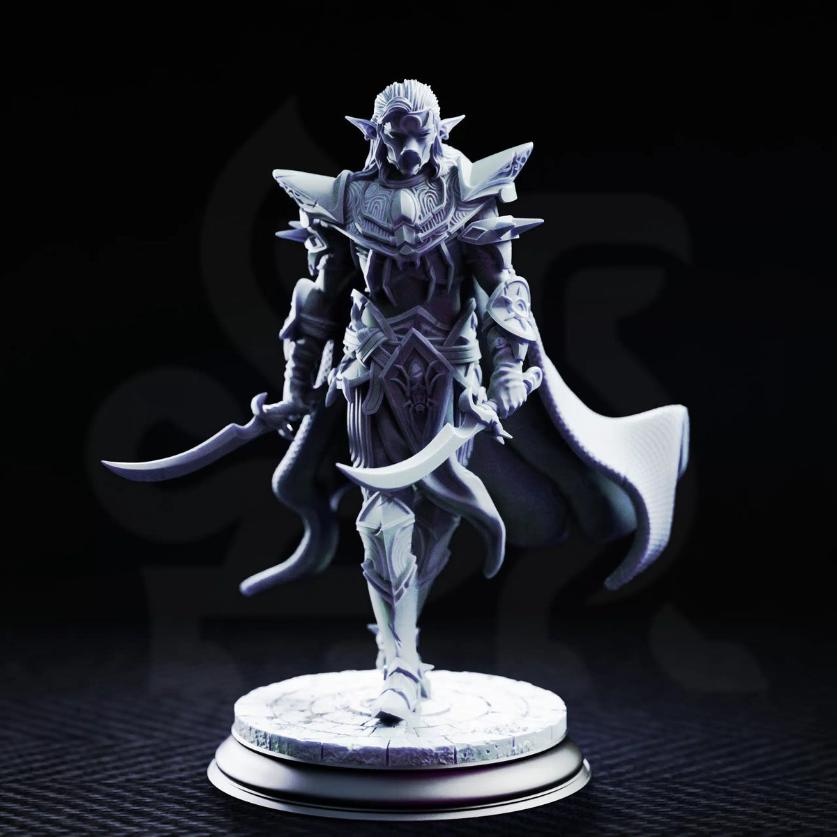 Front view of Vessels of Irinax Drow Soldier 2 advancing with two curved swords and wearing masked spider-themed armor
